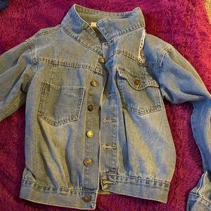 Jean jacket(M). Honestly not sure on brand.